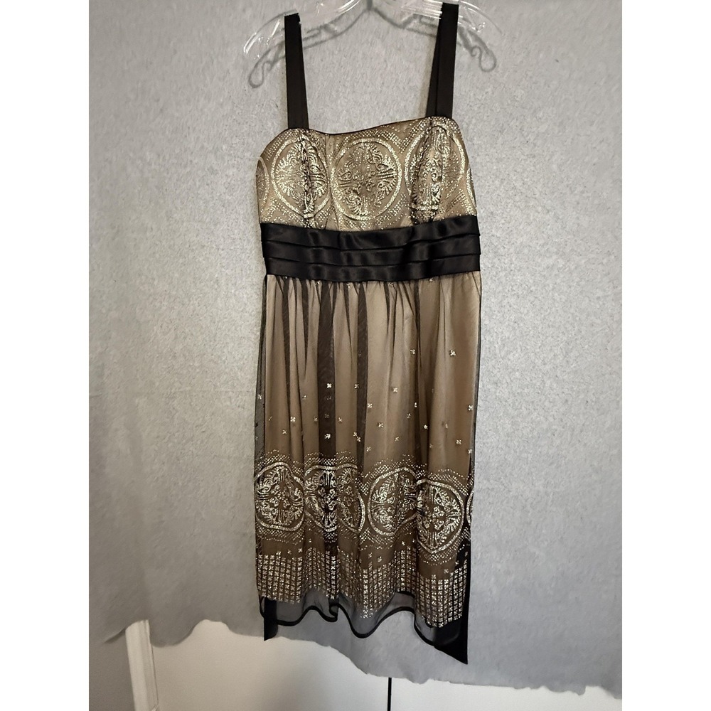 Y2K R&M Richards Dress Womens 14 Beige Glitter Mesh Fit Flare Knee Length Party